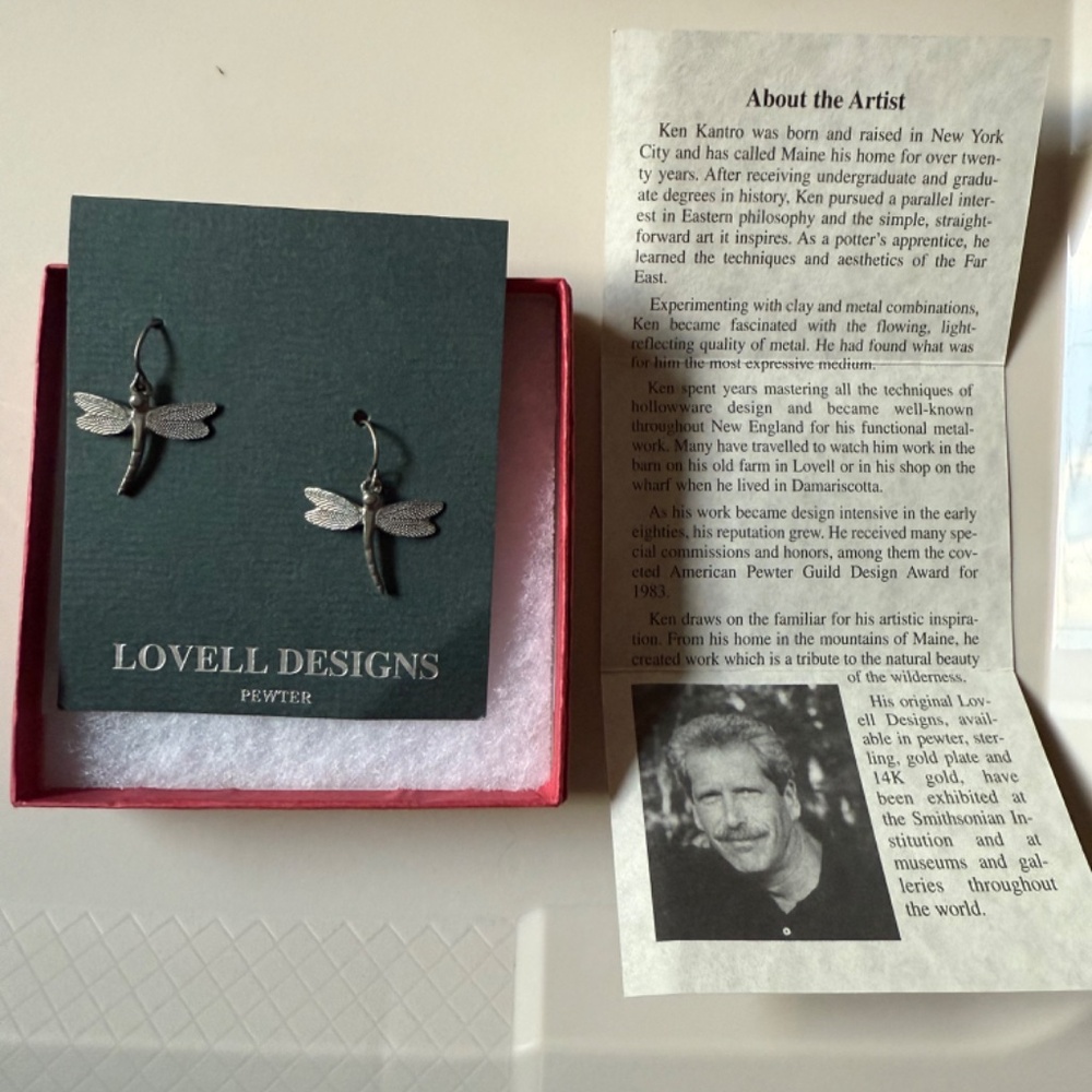 NEW VINTAGE ORIGINAL *LOVELL DESIGNS* Dragonfly Pewter Earrings by Ken Kantro